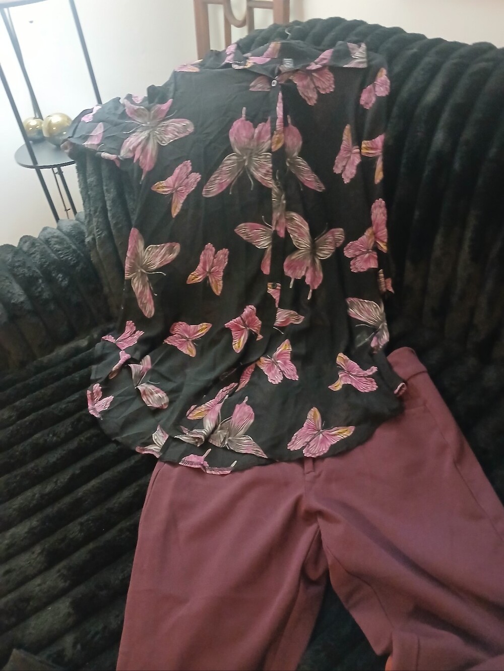 Studio Black Blouse with Pink Butterfly Print